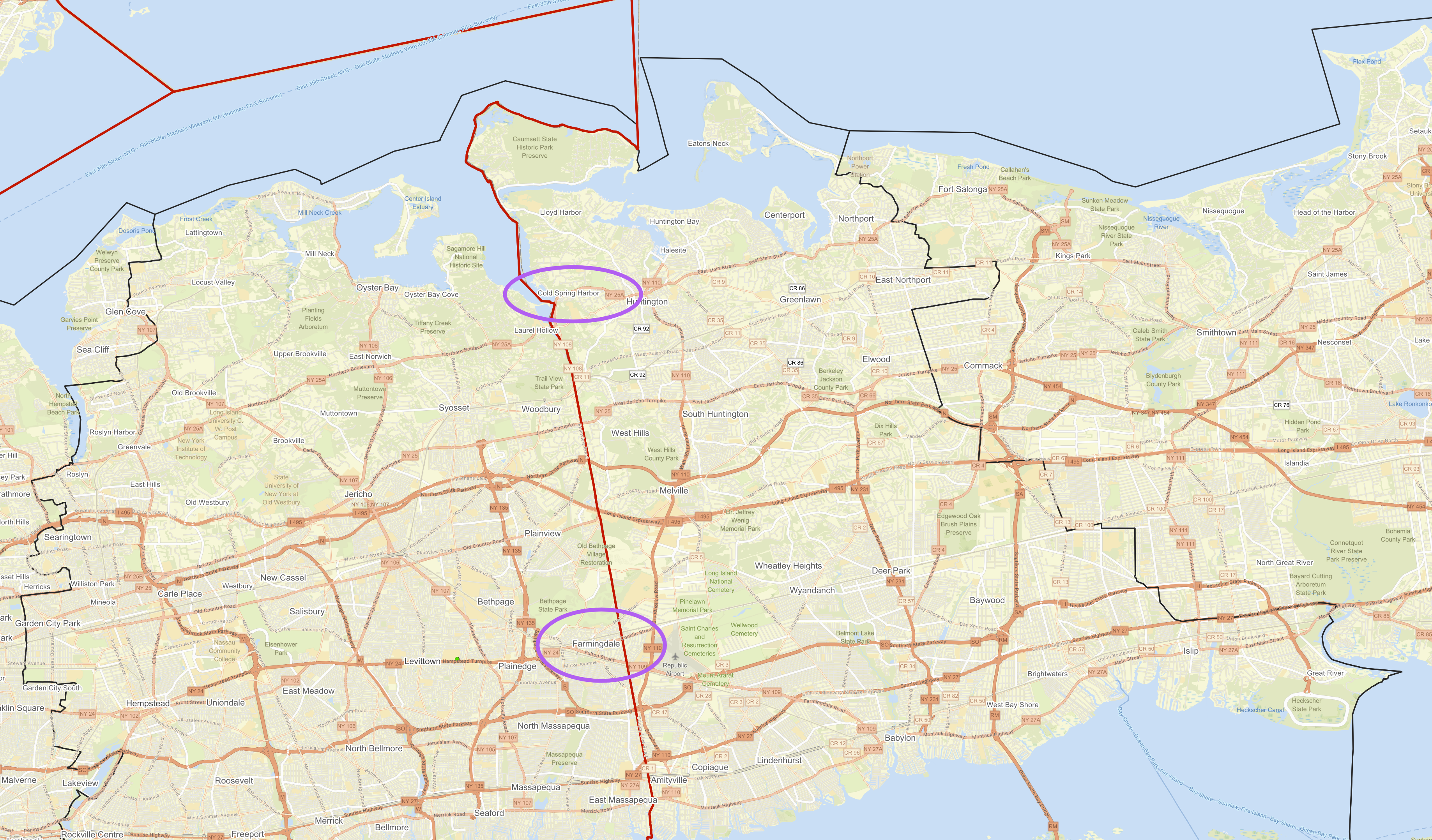 Cold Spring Harbor and Farmingdale, circled in purple, both straddle the line between Nassau and Suffolk Counties. The village of Cold Spring Harbor is within Suffolk County, but its high school serves students in nearby Nassau County, and the esteemed Cold Spring Harbor Laboratory is also located in Nassau County. Farmingdale has an opposite situation: its incorporated village is completely within Nassau County, but there is Farmingdale State College and Republic Airport, two of the locality's most well-known institutions, are both located outside of the village in Suffolk County. The creation of New Nassau unifies both Cold Spring Harbor and Farmingdale so that each locality is located only in one so-called county.