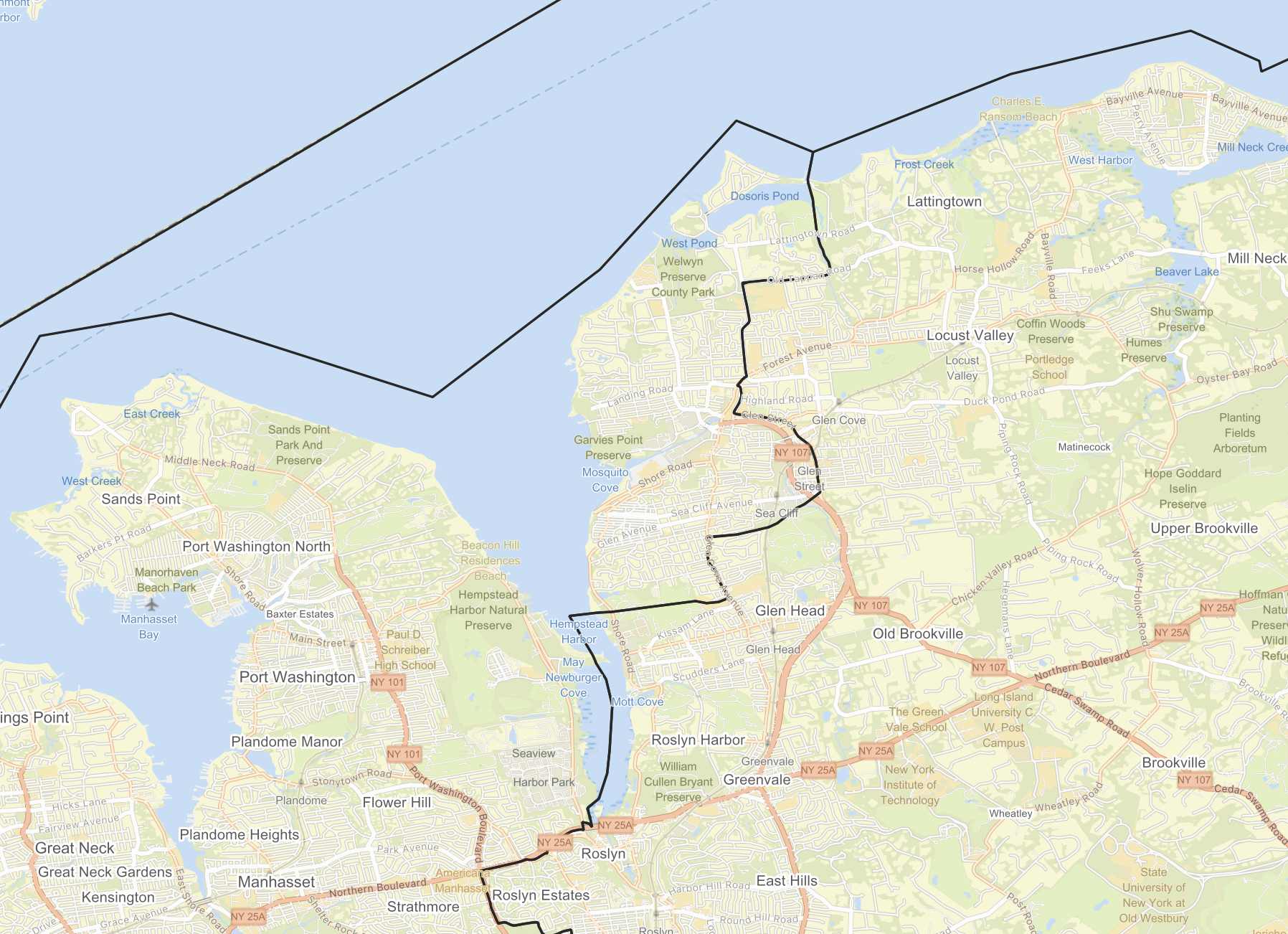 Part of Glen Cove was made an exclave of New Queens while being connected by land only to New Nassau.