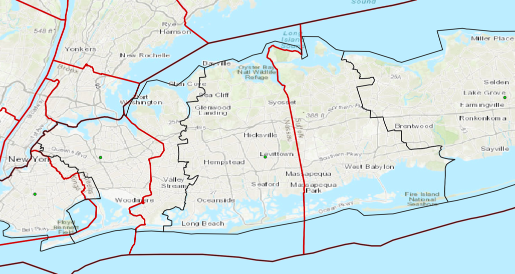 We can see here that the &ldquo;new&rdquo; counties are all shifted eastward such that &ldquo;New&rdquo; Suffolk is significantly smaller than the real Suffolk County.